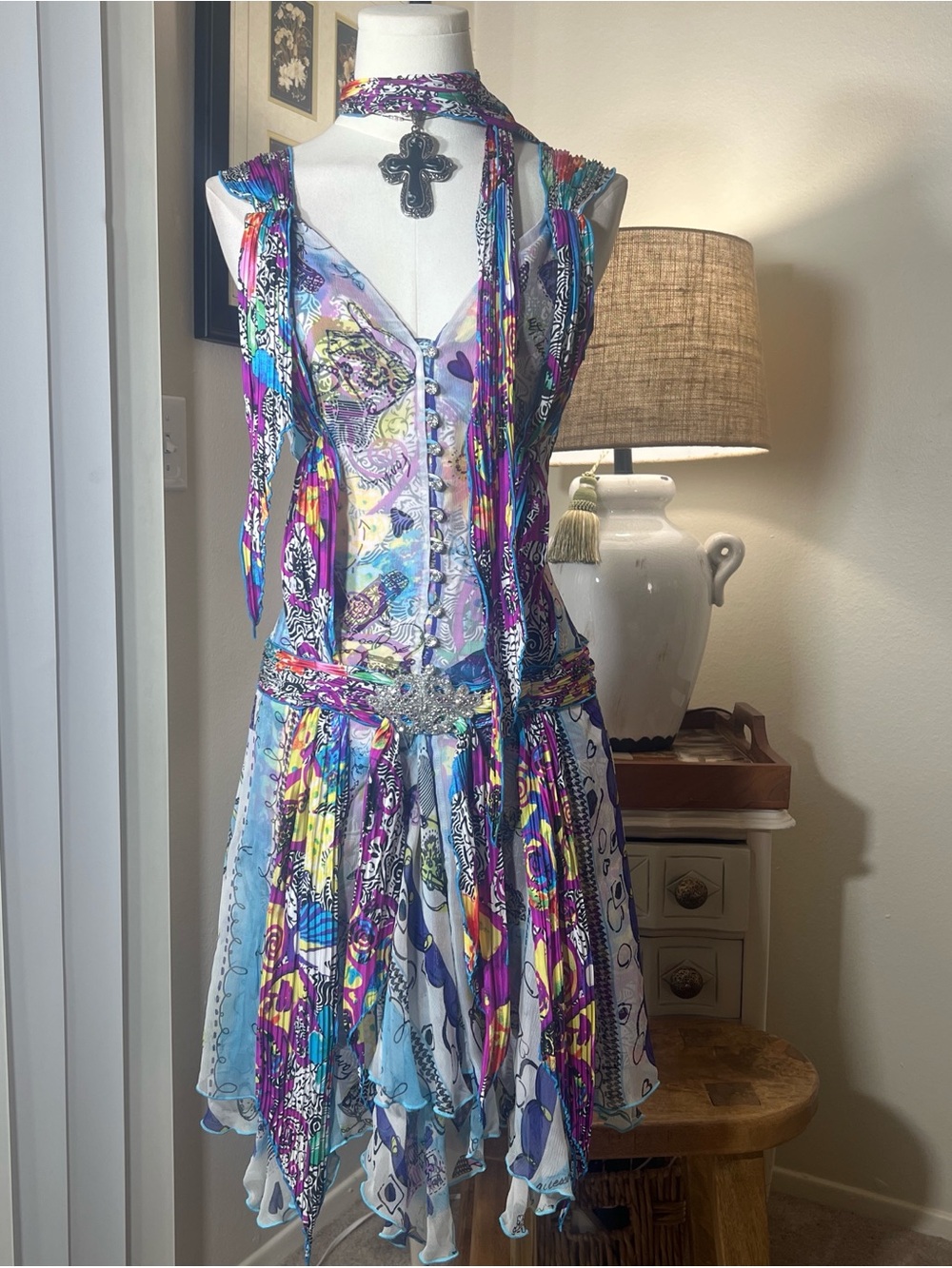 Ginger + Java Bohemian Multicolor Rhinestone Dress with Scarf Detail